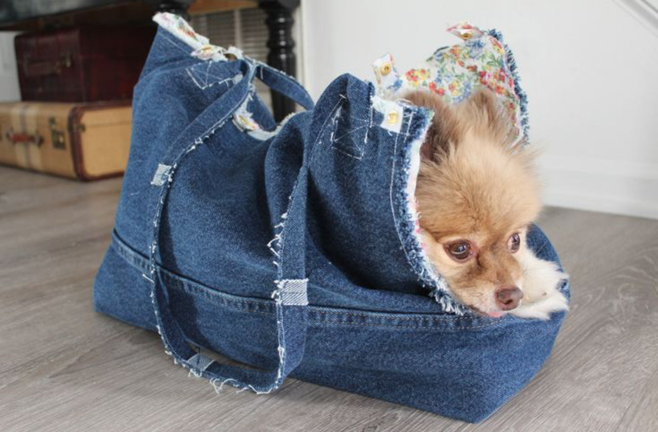 Handmade denim pet carrier bag